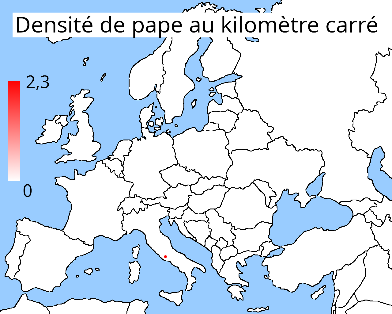 Une carte de l'Europe montrant la densité de pape au kilomètre carré. Tout est uniformément blanc sauf un minuscule point blanc au Vatican qui est coloré. L'échelle donne 2,3 papes par kilomètre carré au Vatican (qui est très petit)