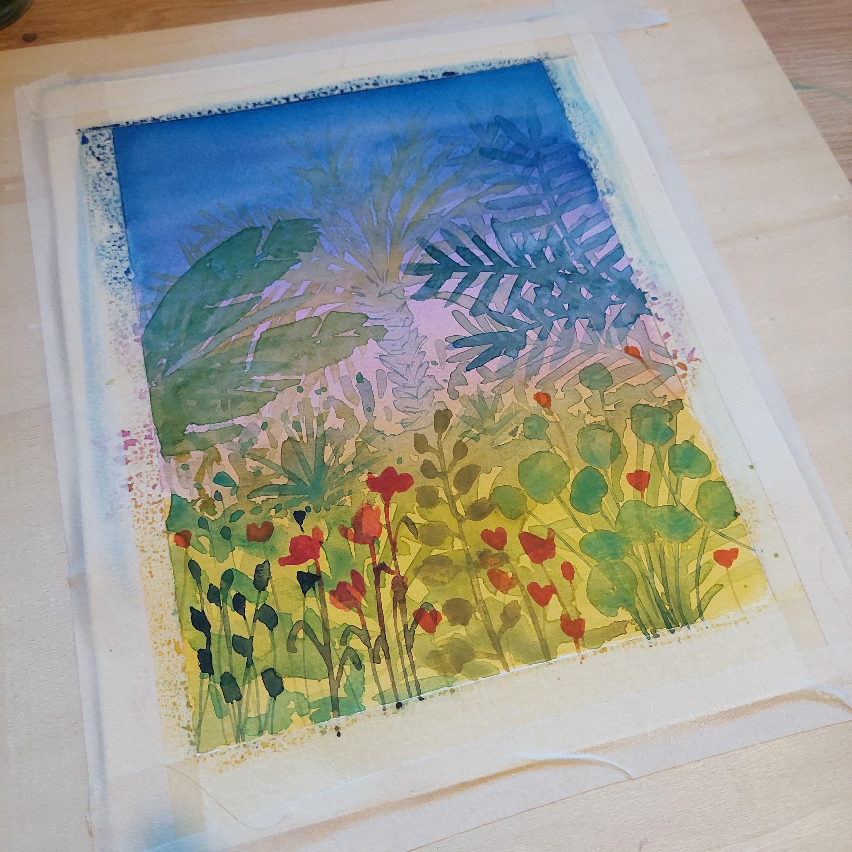 Aquarelle fouillis végétal et fleuris dans une ambiance tropicale imaginaire
Ciel rose et bleu