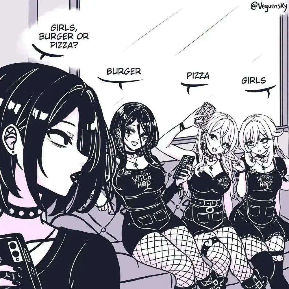 A one frame comic depicting a group of 4 gothic styled girls:
The first on on the foreground asks:
- "Girls, burger or pizza?"
The other on the background
- "Burger"
- "Pizza"
- "Girls"